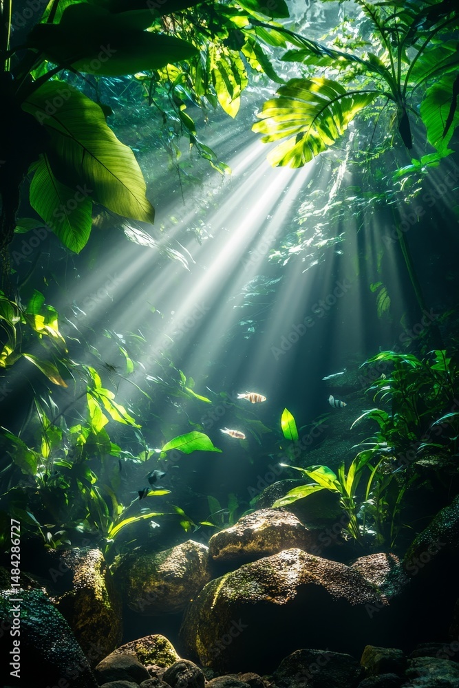 Obraz premium In the dense jungle, sunlight shines through the leaves and falls on rocks in front of you. The light is soft and delicate, with green plants surrounding it.