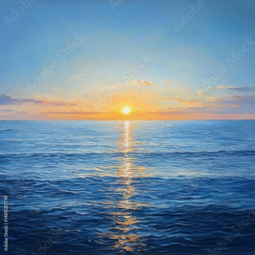 The horizon of the ocean, with the sun setting in front of it. The water is calm and blue, as if reflecting all colors. Oil painting, in the style of realism., high quality, multi-detail, HD, 8K,