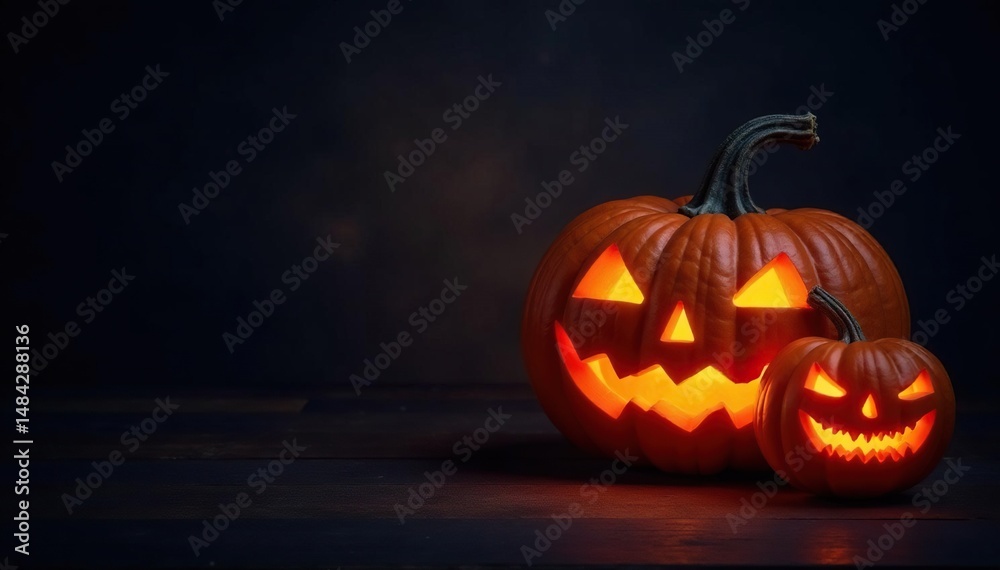 Obraz premium Spooky carved pumpkins glowing on a dark wooden background, perfect for Halloween , candles, festive, gourds