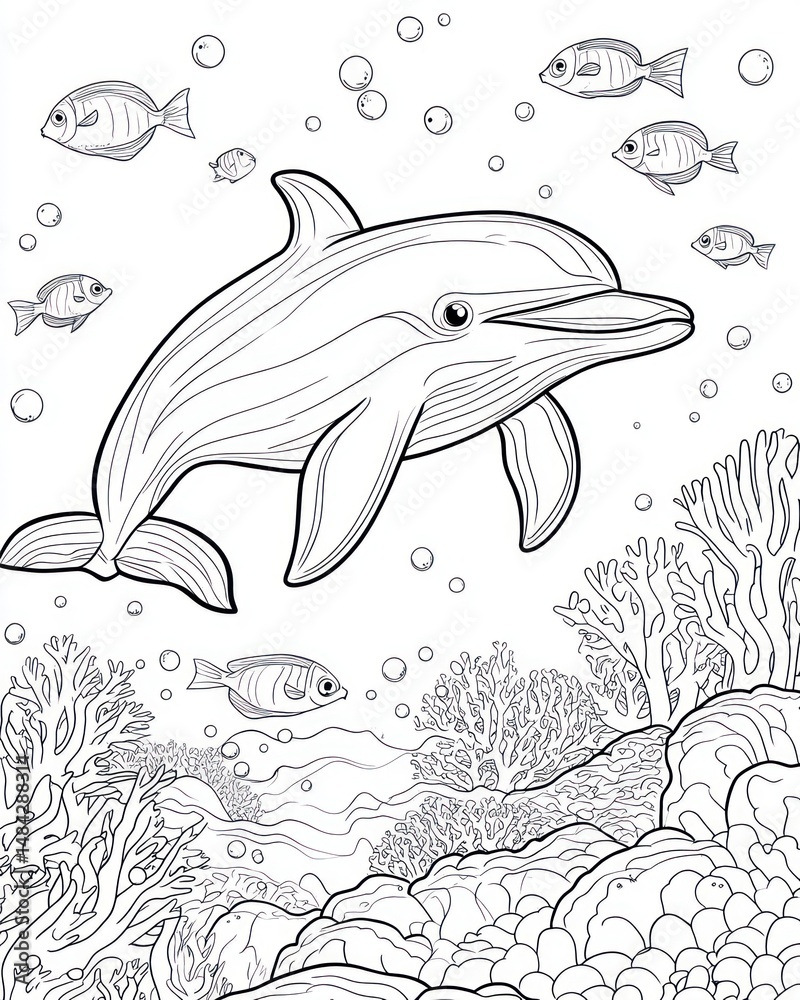 Fototapeta premium Dolphin in coral reef scene, detailed black and white coloring page