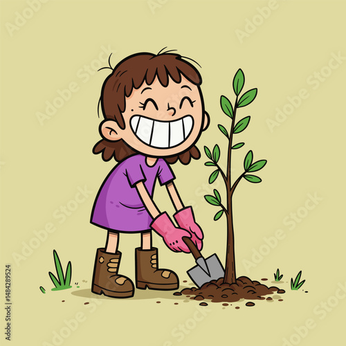 A cartoon girl happily plants a tree.