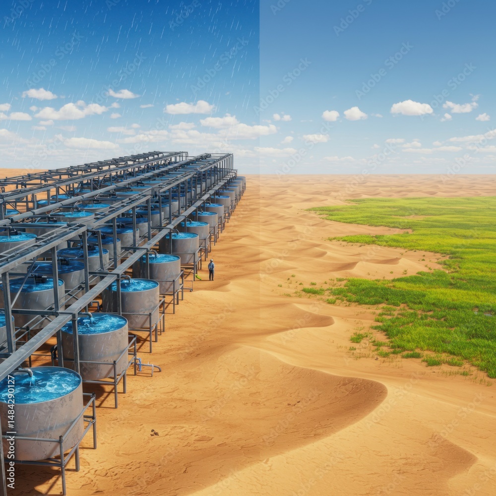 Obraz premium Transforming Deserts: Innovative Water Management System for Arid Lands Irrigation and Sustainable Agriculture