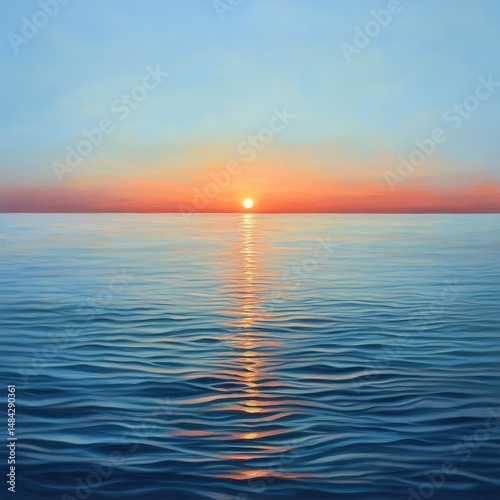 A tranquil oil painting of the ocean at sunset, with warm hues reflecting on calm waters and a distant sun setting behind a horizon line.