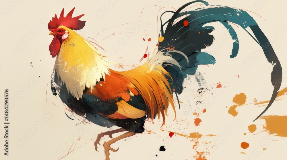 Fototapeta premium A cute rooster, in the style of Chinese ink painting, with simple lines and brushstrokes on a white background. The rooster has black tail feathers and is depicted in a jumping action,