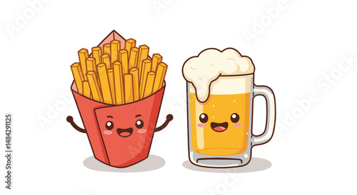 Cute french fries and happy beer mug cartoon character, cheerful design, copy space
