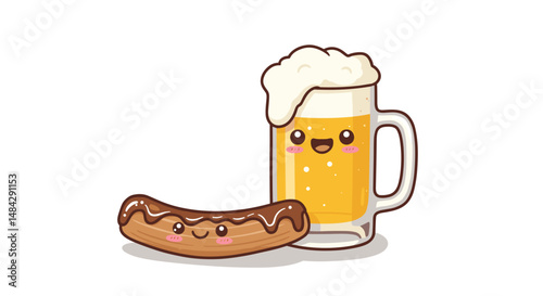 Cute churro and happy beer mug cartoon character, cheerful design, copy space

