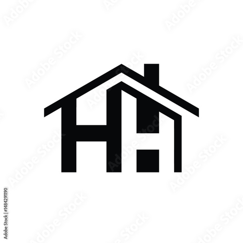 this is a simple flat logo design of a letter HH in house shape in black color on a white background