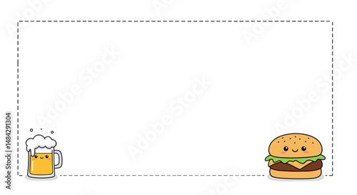 Cute cartoon burger and beer with copy space for text