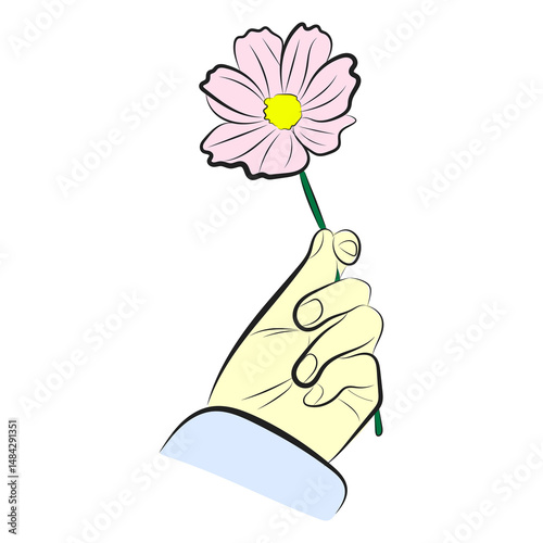 Pink Flower in Hand – Vector Illustration of Gentle Gesture
