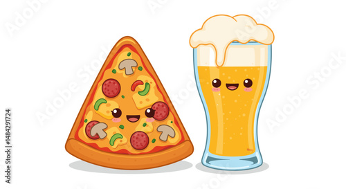 Cute pizza slice and happy beer glass cartoon character, cheerful design, copy space