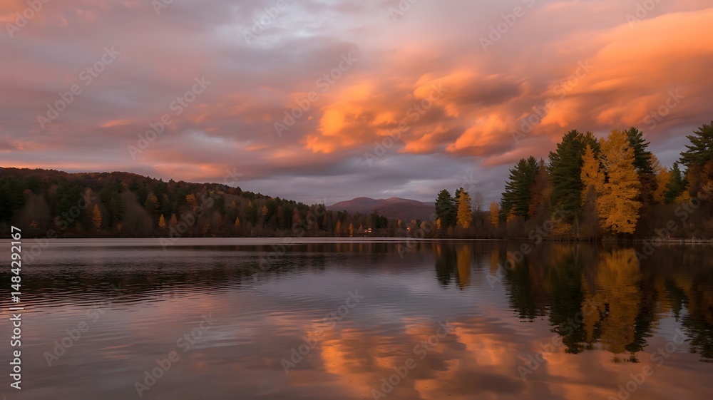 Fototapeta premium Magnificent autumn sunset over a serene lake reflecting vibrant clouds and trees