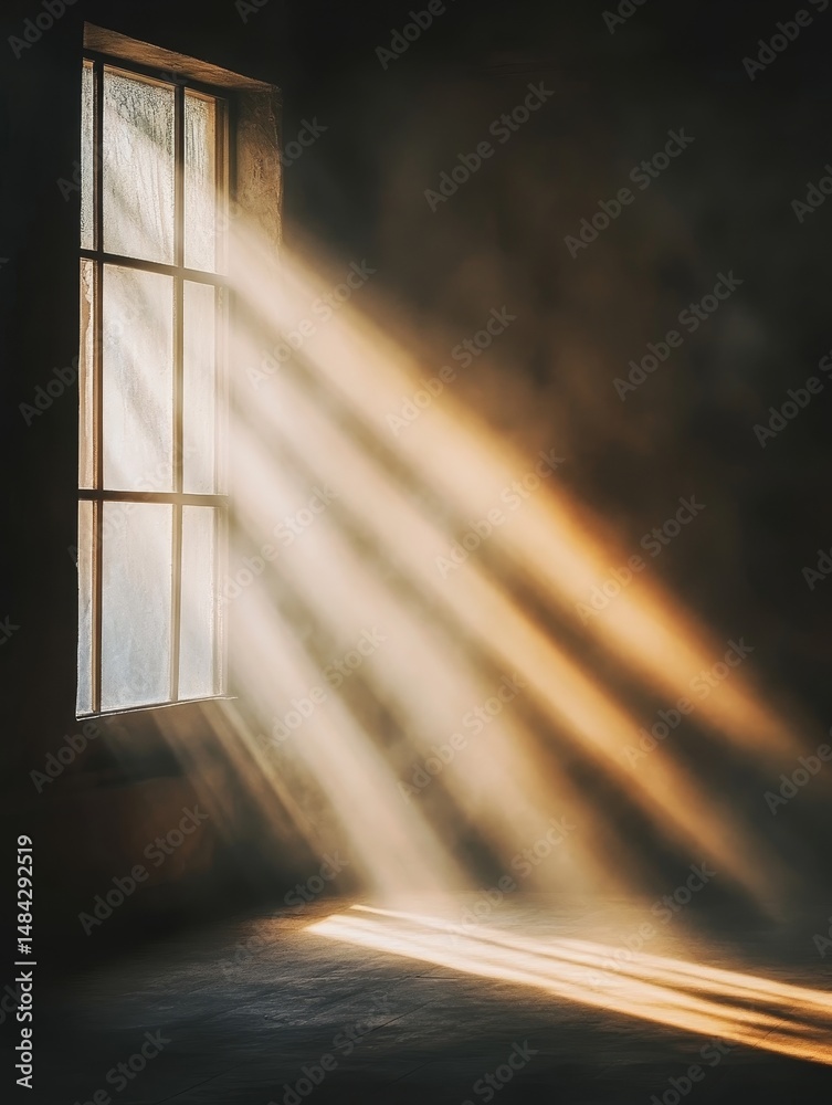 Naklejka premium Light rays streaming through a window, photography with a dark background, and subtle light coming from the left side of the room., high quality, multi-detail, HD, 8K,