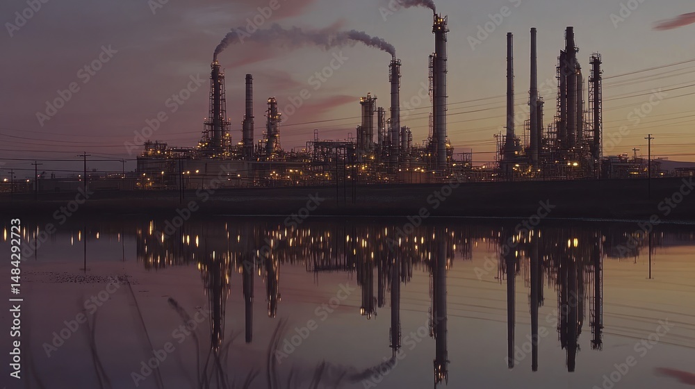 Fototapeta premium Industrial complex reflecting in water at dusk, creating a surreal cityscape