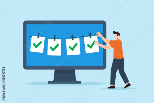 Flat illustration of freelancer hanging completed checkmarks on digital clothesline to symbolize task tracking and remote productivity