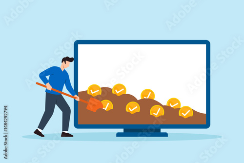 Flat illustration of remote worker digging checklist tokens from soil on screen to symbolize productivity mining and task completion