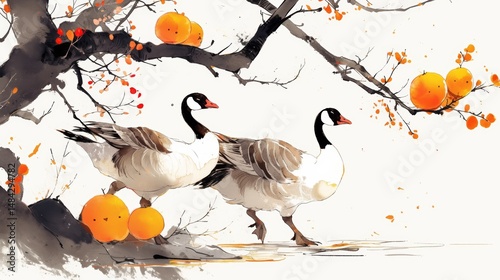 Chinese ink painting style, two geese and three persimmons on the left side of white background, Chinese New Year festival atmosphere, simple lines, high resolution, high quality, high detail,