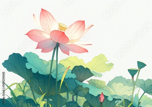 A lotus flower blooming on the grass, in the style of Chinese ink painting, with a simple background and white space around the edges of the flowers and leaves.