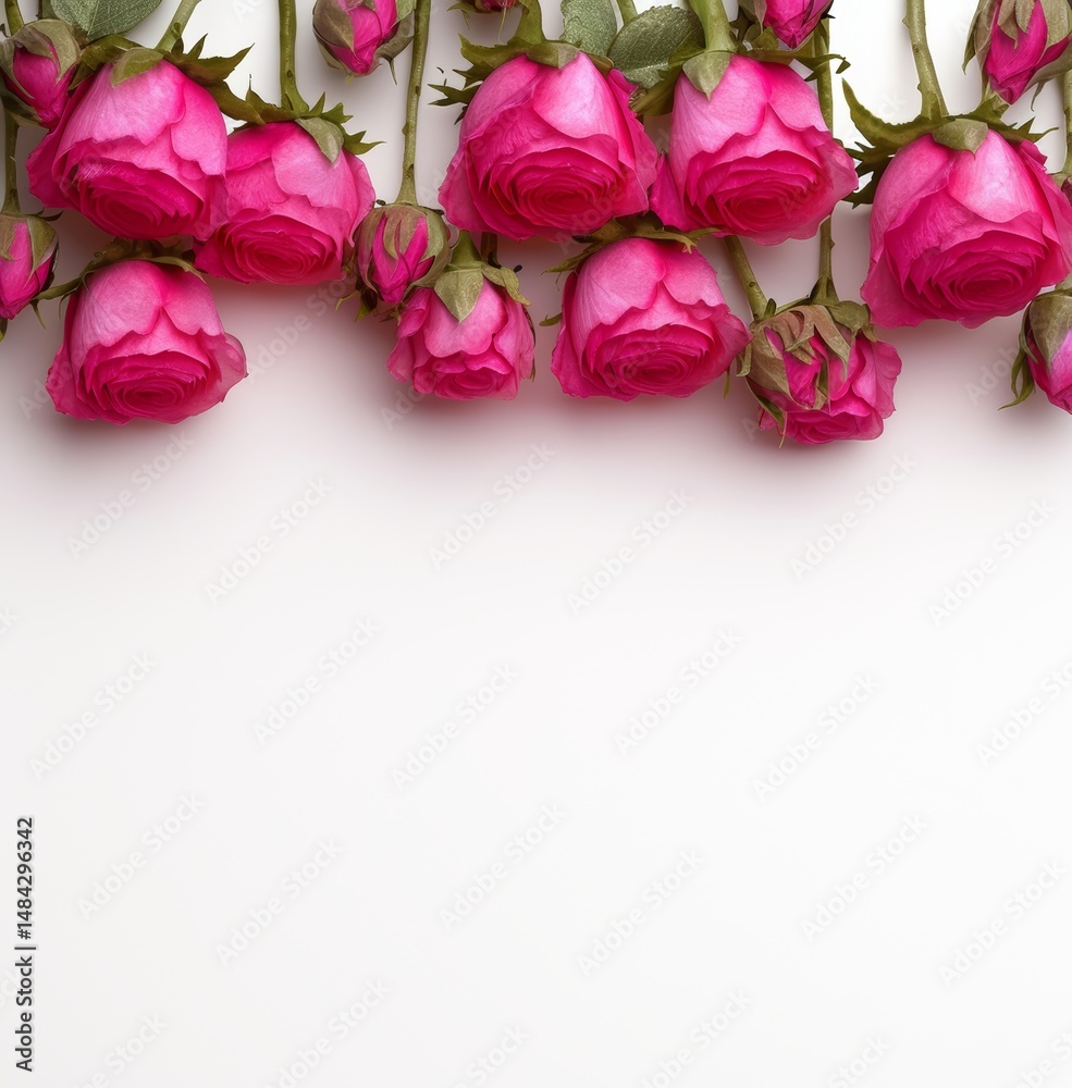Fototapeta premium Pink roses on a white background, a Valentine's Day theme. The flowers are a vibrant pink color against the white space at the top of the frame. This high-resolution,