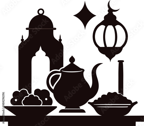 Food Vector Silhouettes: Biryani, Kebab, Tea, and sweets (vector, silhouette, minimal, etc.).
