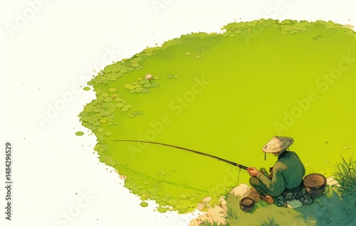 A small green pond, an old man sits on the shore fishing, in the style of Chinese watercolor illustration, against a white background, a simple and clean picture with a green tone., high quality,