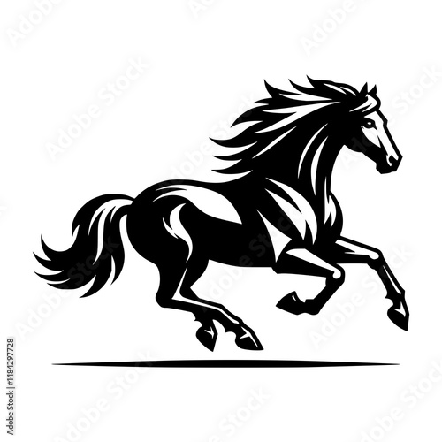 An elegant black horse in full gallop, showing speed and grace