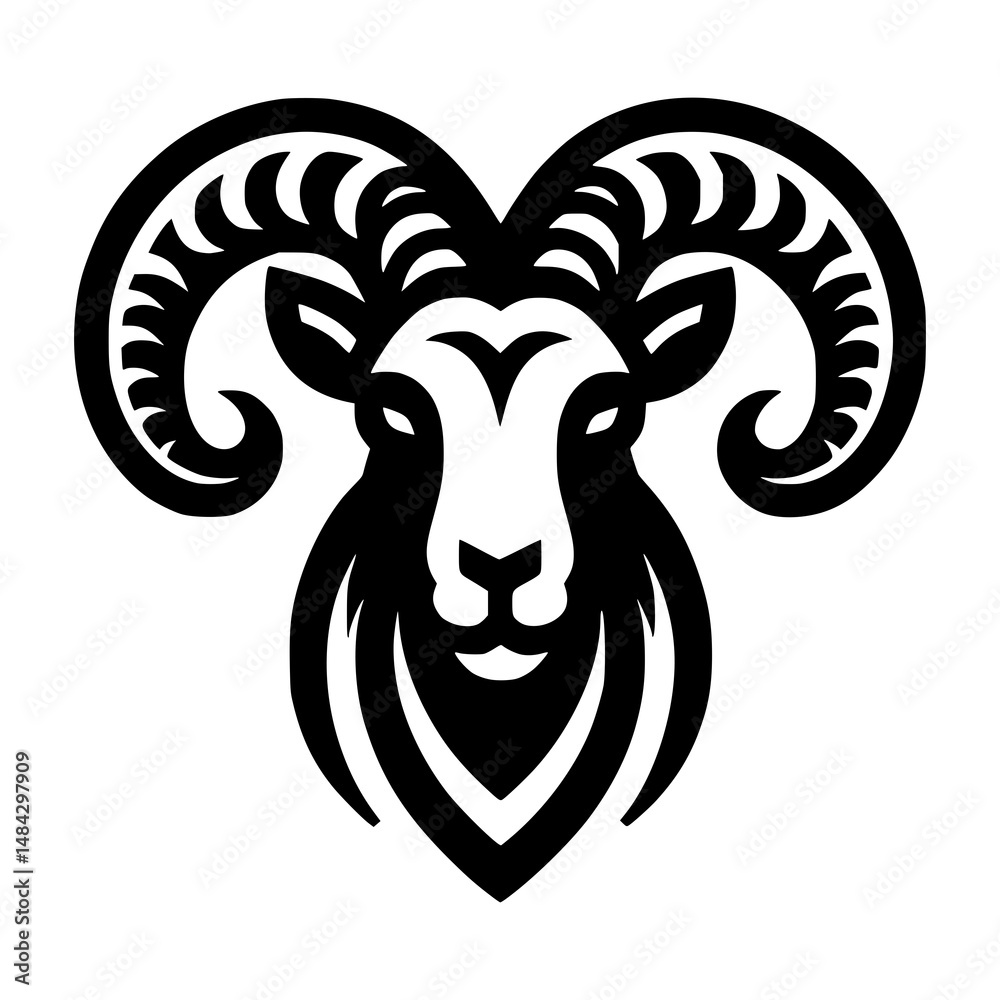 A black and white emblem of a ram's head with curved horns. The minimalist design is striking A black and white emblem of a ram's head with curved horns. The minimalist design is striking