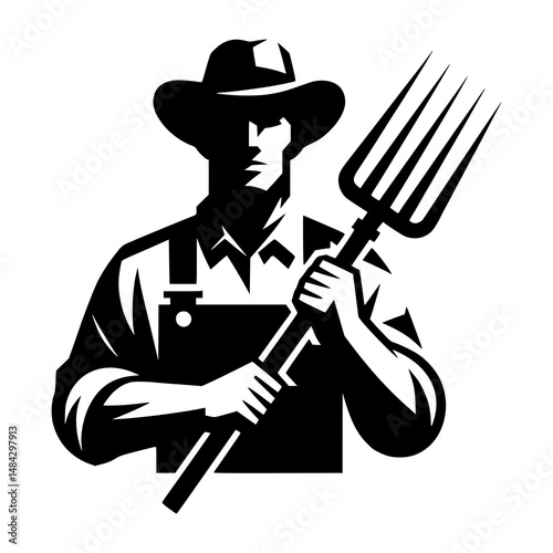 Strong farmer in silhouette, proudly holding a pitchfork, a symbol of hard work and dedication