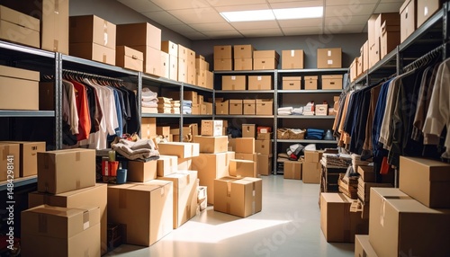 Organized chaos cardboard boxes in a bright storage room featuring shelves and clothing racks