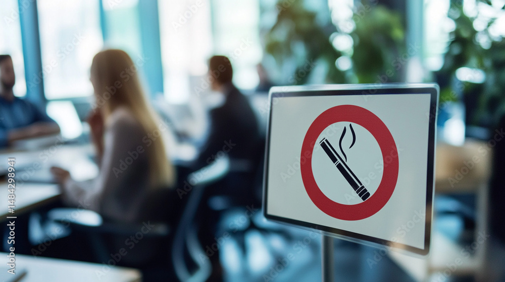 Fototapeta premium No Smoking Sign in Office with People Meeting in Background