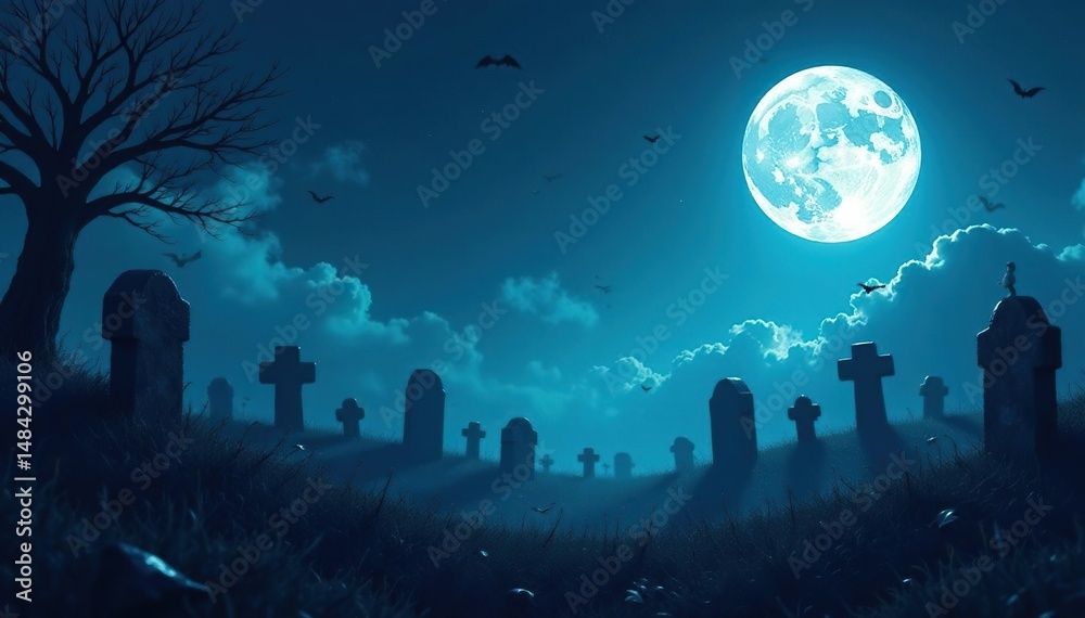 Naklejka premium Spooky graveyard at night with tombstones and a full moon Perfect for Halloween projects , stone, atmosphere