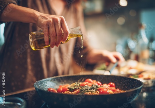 Woman drizzling oil over a vibrant pasta dish.