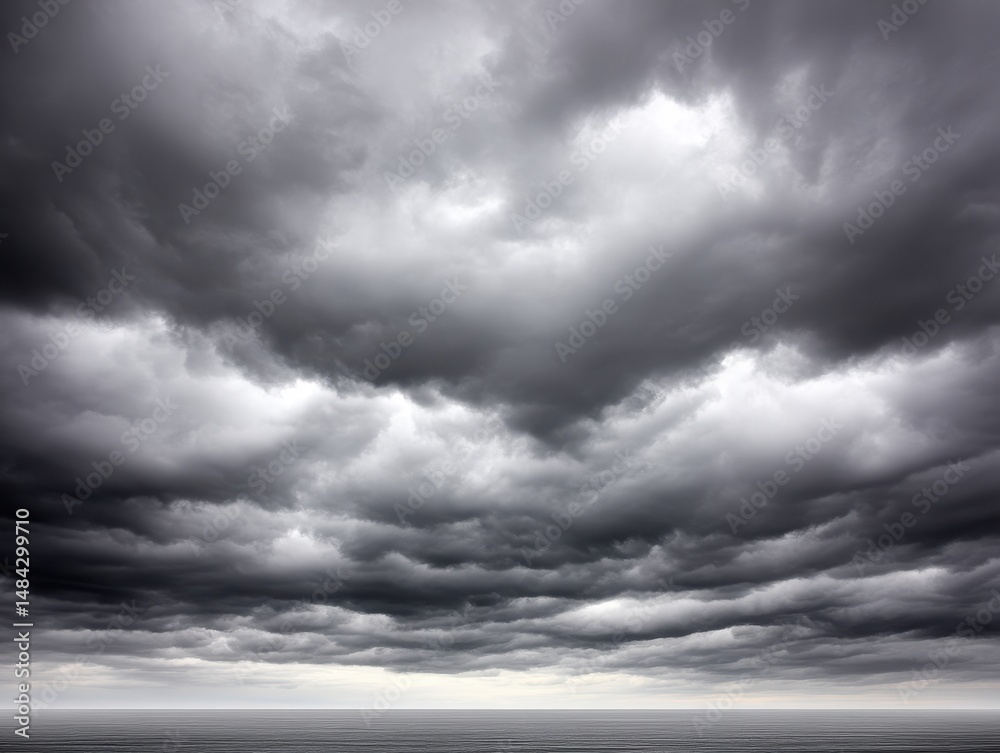 Obraz premium Dark, dramatic storm clouds gather over a calm, expansive sea, creating a moody and atmospheric scene.