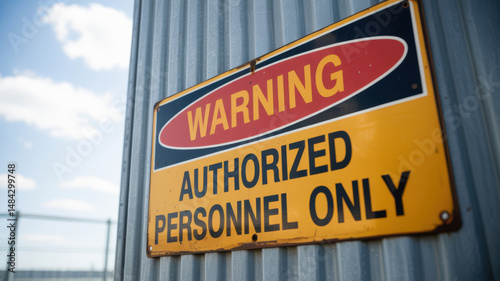 Warning sign on industrial power plant wall restricts access to authorized personnel only for safety and security purposes