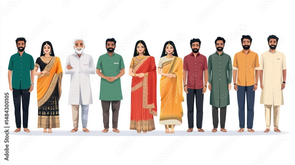Fototapeta premium A group of people standing in a row, wearing traditional Indian attire, against a white background.