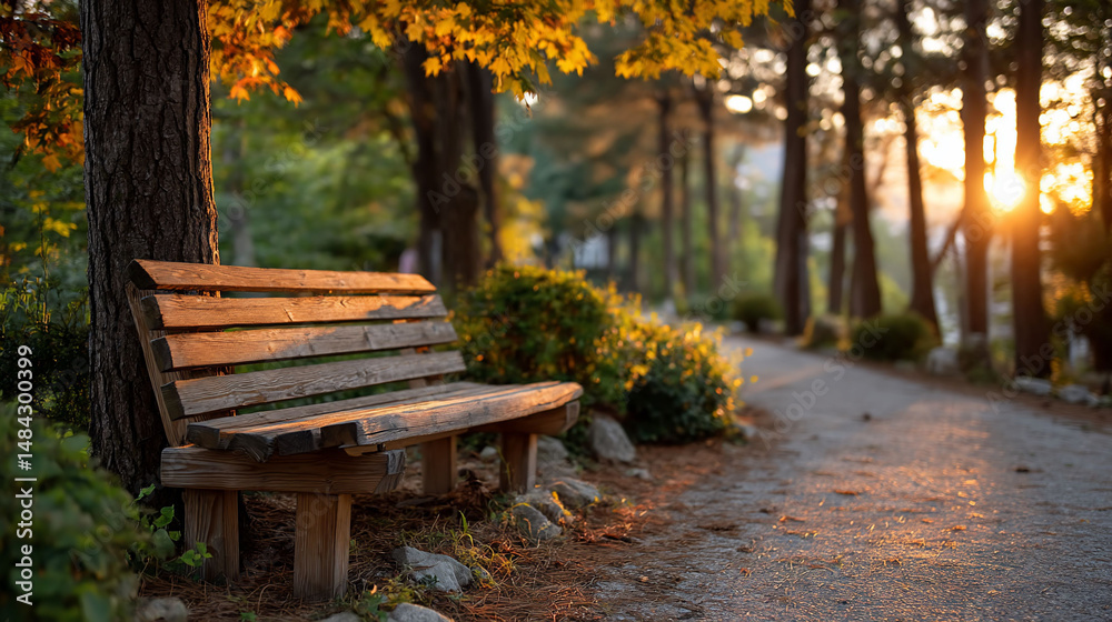 Naklejka premium Tranquil park bench bathed in golden sunlight