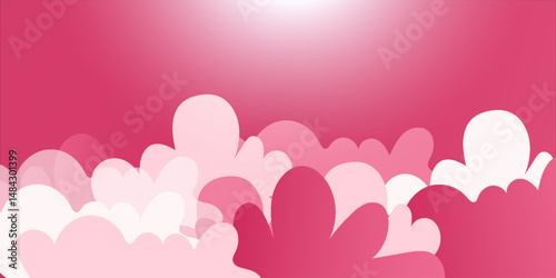 Happy Valentine's day blank background, beautiful paper cut clouds with 3d red hearts on pink background. Vector illustration. Papercut style. Place for text
