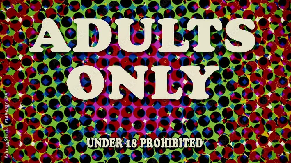 Adults only warning animation, in the style of retro vintage animation as seen in grindhouse cinema theaters from the 1960's-1980's.