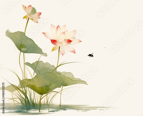A lotus flower and grass in the style of Chinese ink painting, against a white background, with simple lines and a touch of red on the flower petals. The green leaves are in the top left corner,