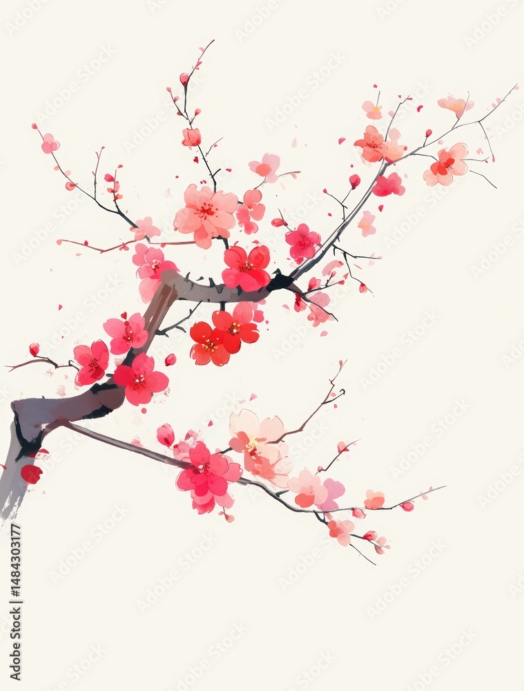 Naklejka premium A simple ink painting of plum blossoms, vector illustration in the style of Chinese art, white background, flat design, Chinese brush strokes, red and pink colors, elegant simplicity, high resolution,