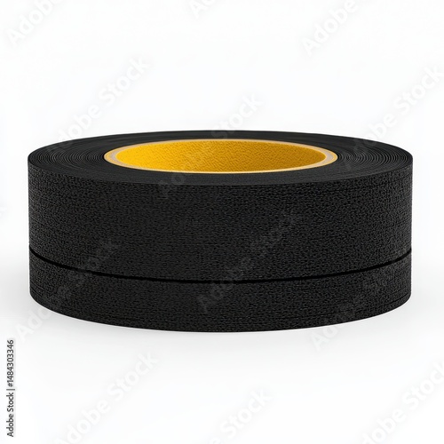 Black Electrical Tape Roll with Yellow Inner Surface on a White Background
