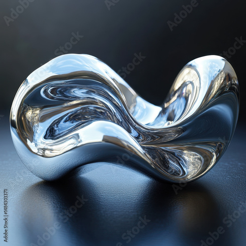 Silver sculpture on black surface.