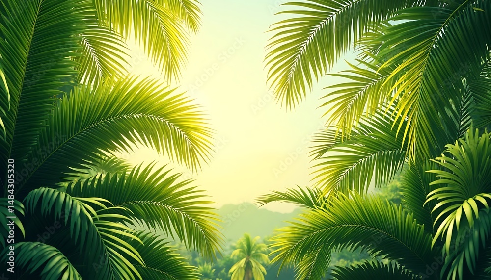 Naklejka premium Palm Tree Canopy with Tropical Island View at Golden Hour