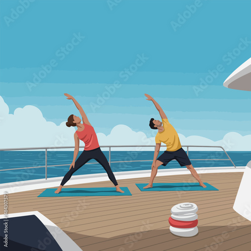 People Practicing Yoga on Yacht Deck with Ocean View for Wellness