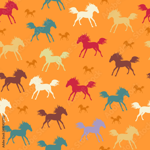 Creative seamless pattern with a herd of horses. Multicolored silhouettes of large and small animals on an orange background. Minimalist print for fabric.