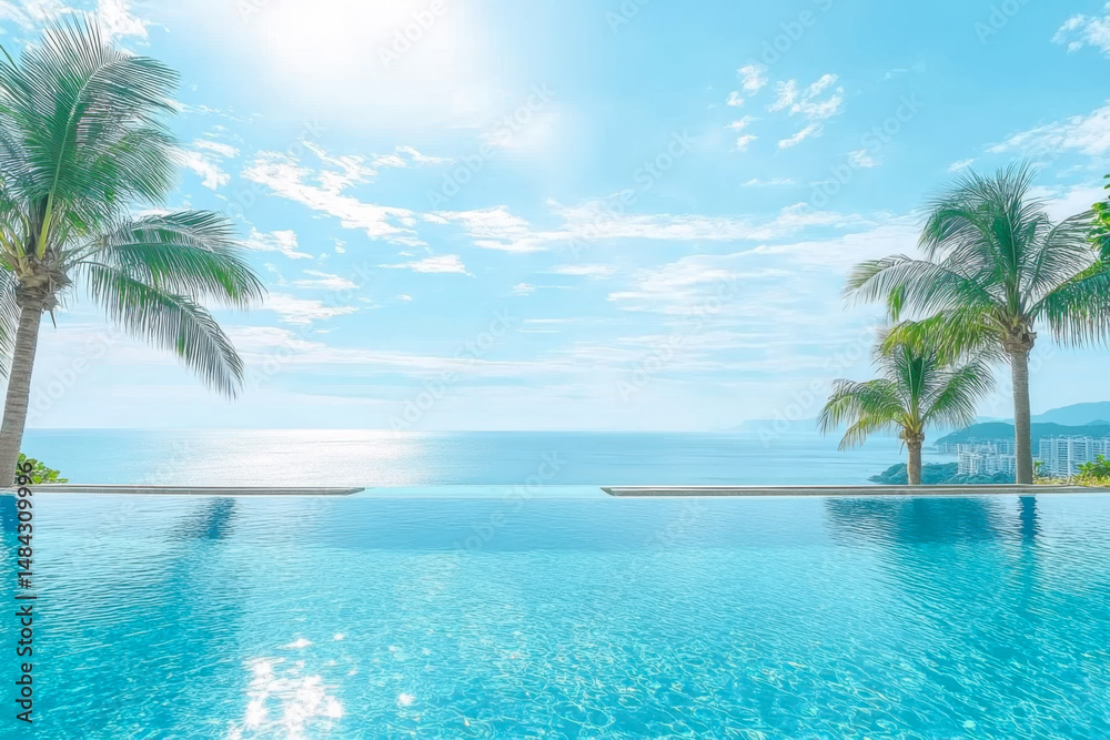 Swimming pool with clear blue water with stunning sea view and sky Swimming pool with clear blue water with stunning sea view and sky