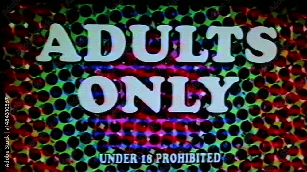 Adults only warning animation, in the style of retro vintage animation as seen in grindhouse cinema theaters from the 1960's-1980's. Processed through videotape for authentic tape damage effect. 