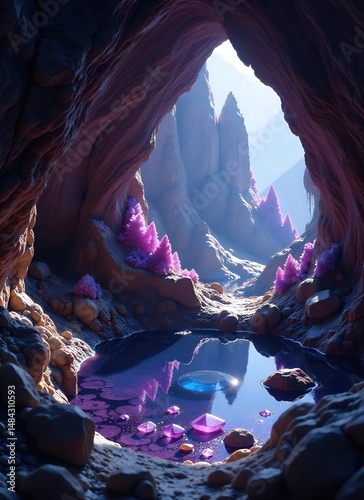 Purple Crystal Cave Background with Cascading Crystal Curtains and Luminous Calcite Pools, Creating an Ethereal and Mineral-Rich Atmosphere