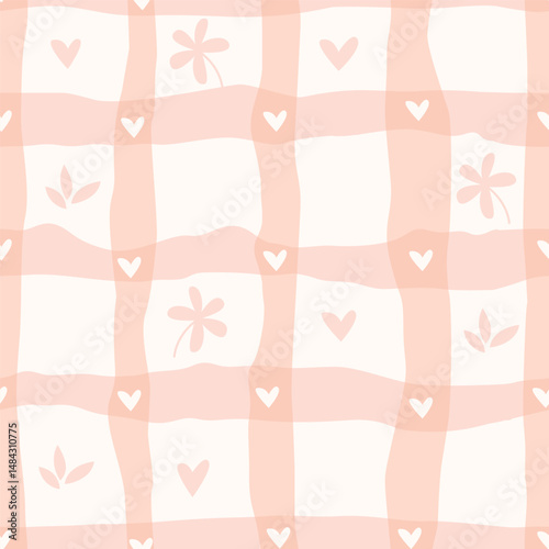 Seamless pattern with aesthetic stripe, heart and flower. Pastel color vector illustration for wrapping paper, clothing, textile cover and others