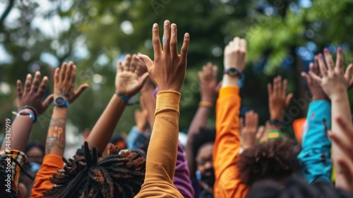 Group of happy diverse people raising their hands outdoors. Multicultural people wearing casual cloth and raised hands or putting hand up. Answering, asking, volunteering, voting, questioning. AIG53.