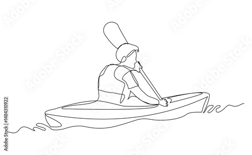 Continuous line drawing art of man rowing canoe. Vector illustration single one sketch editable stroke of sport man paddle kayak